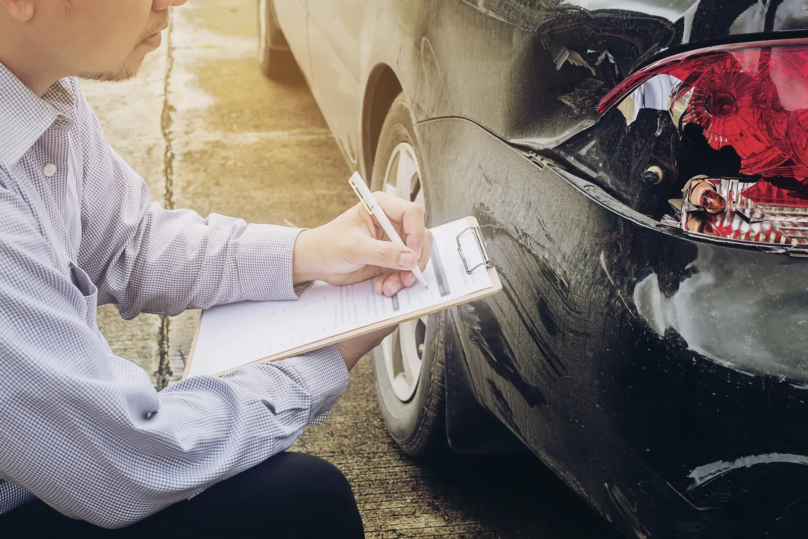 Szakértő jegyzőkönyvet vesz fel egy sérült autó mellett